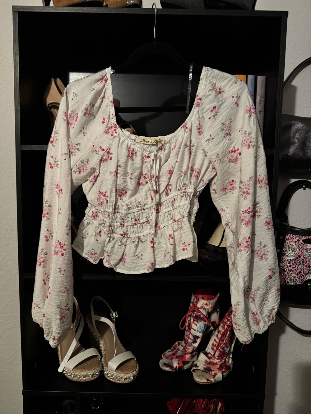 liberty Cream Floral Smocked Waist Long-Sleeve Peasant Blouse